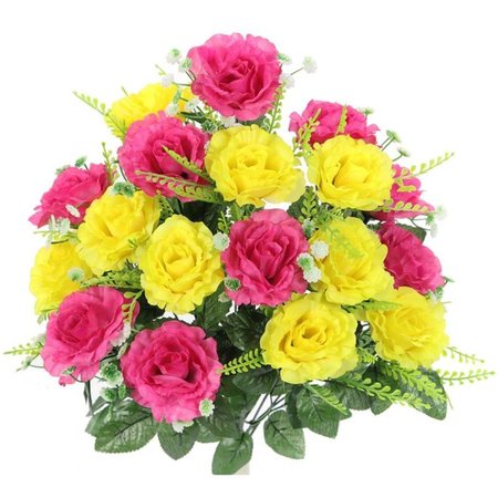 ADLMIRED BY NATURE Admired by Nature ABN1B002-YW-HOT_PK  3 x 1.5 in. 18 Stems Artificial Full Blooming Rose with Greenery Flower Bush - Yellow & Hot Pink ABN1B002-YW-HOT_PK